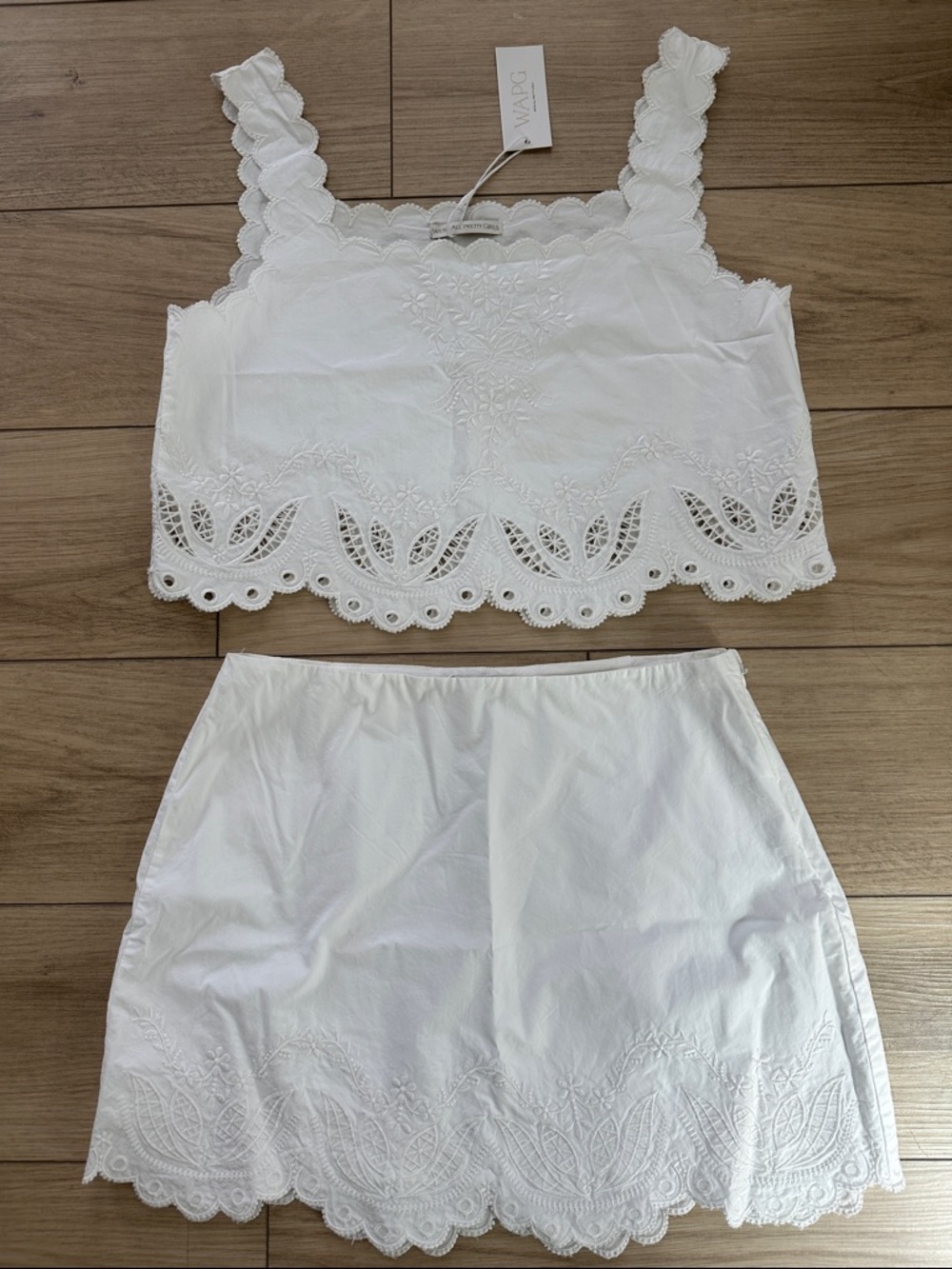 NWT Mixology W.A.P.G. Off White Eyelet Two-Piece Set Top & Skirt Size Large
